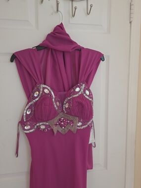 Fuchsia Sequin-Embellished Halter Evening Gown